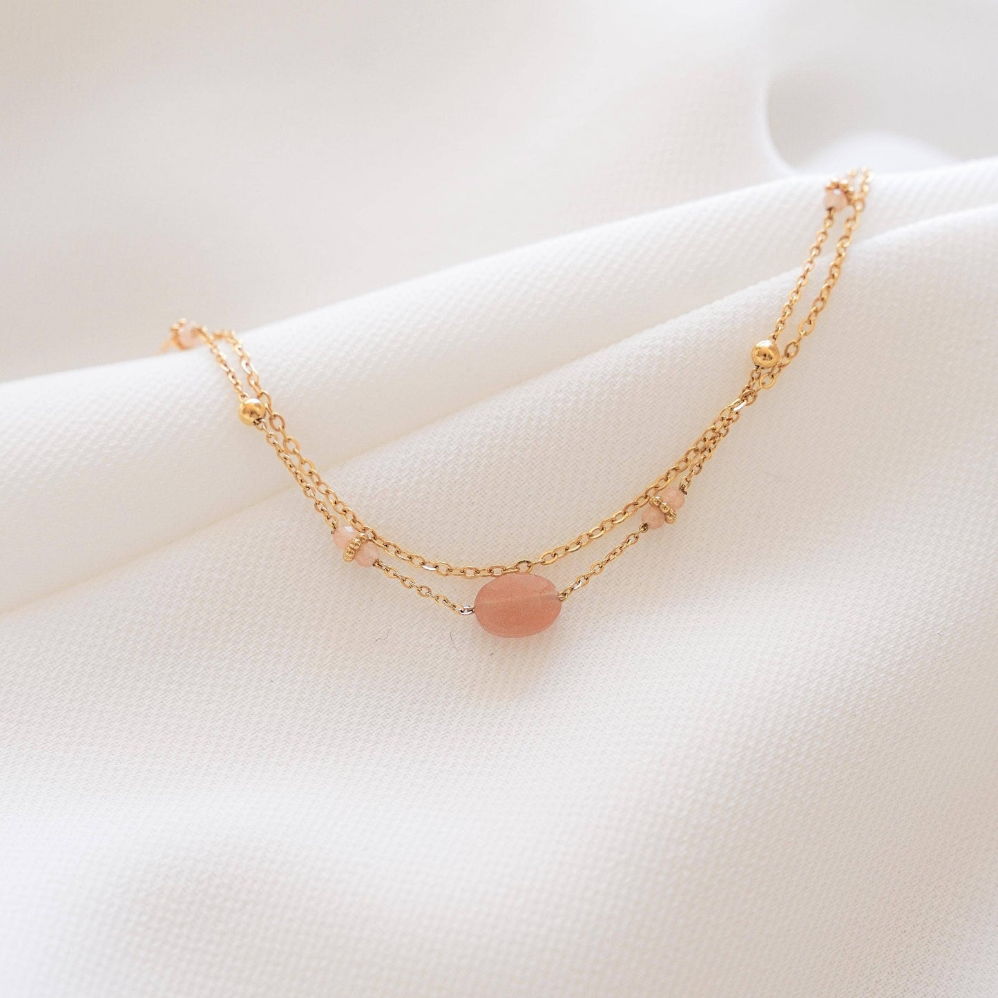 Pulsera de acero inoxidable con piedra natural cuarzo rosa