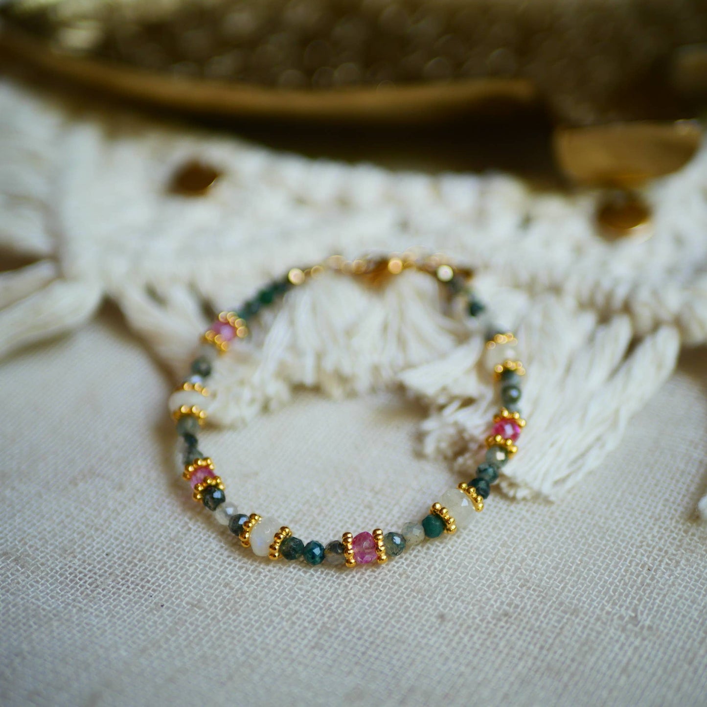 PULSERA MEDINI, ÁGATA MUSGOSA, TOPACIO ROSA, PIEDRA LUNAR