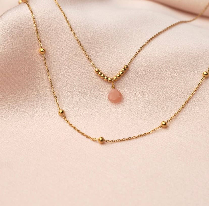 Collar fino de piedra natural cuarzo rosa o rubí de doble hilera