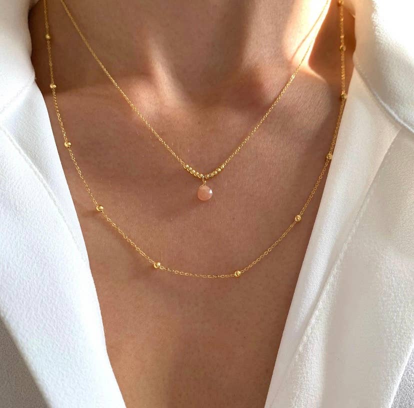 Collar fino de piedra natural cuarzo rosa o rubí de doble hilera