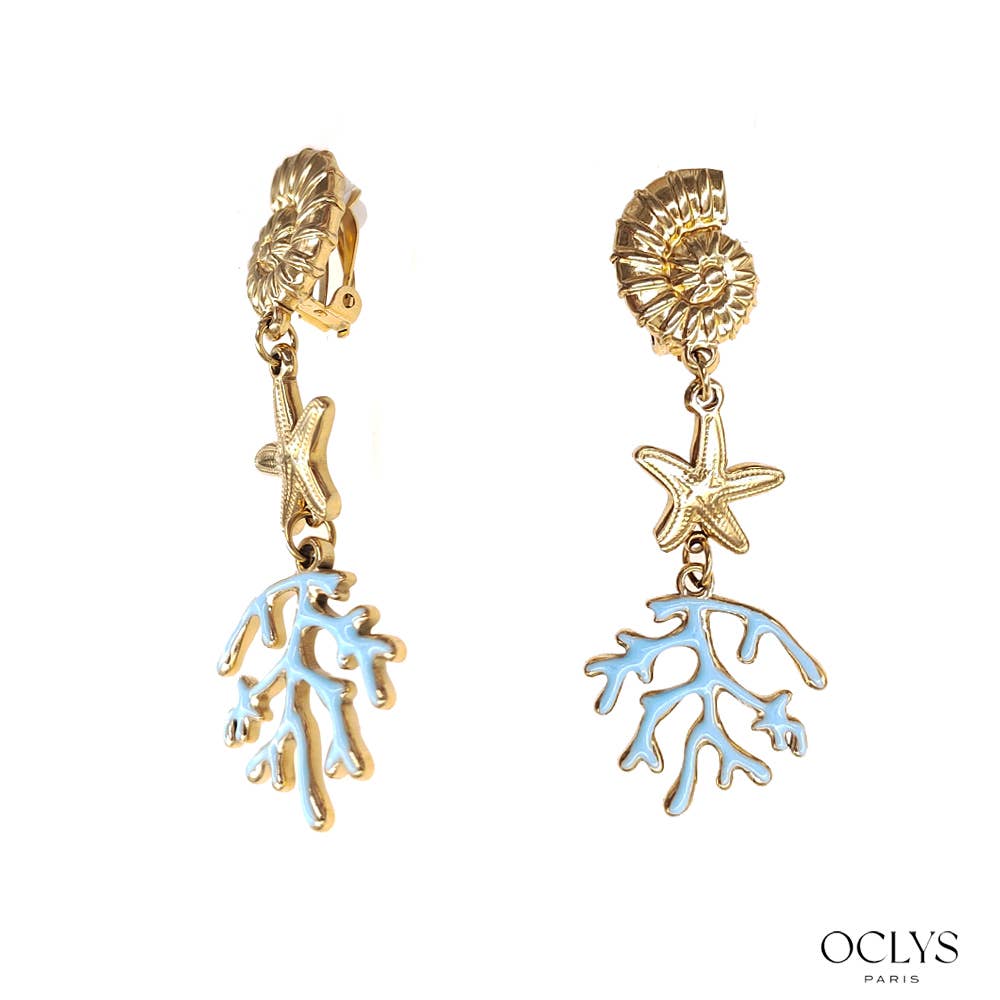 Pendientes de clip marinos de coral de acero inoxidable dorado