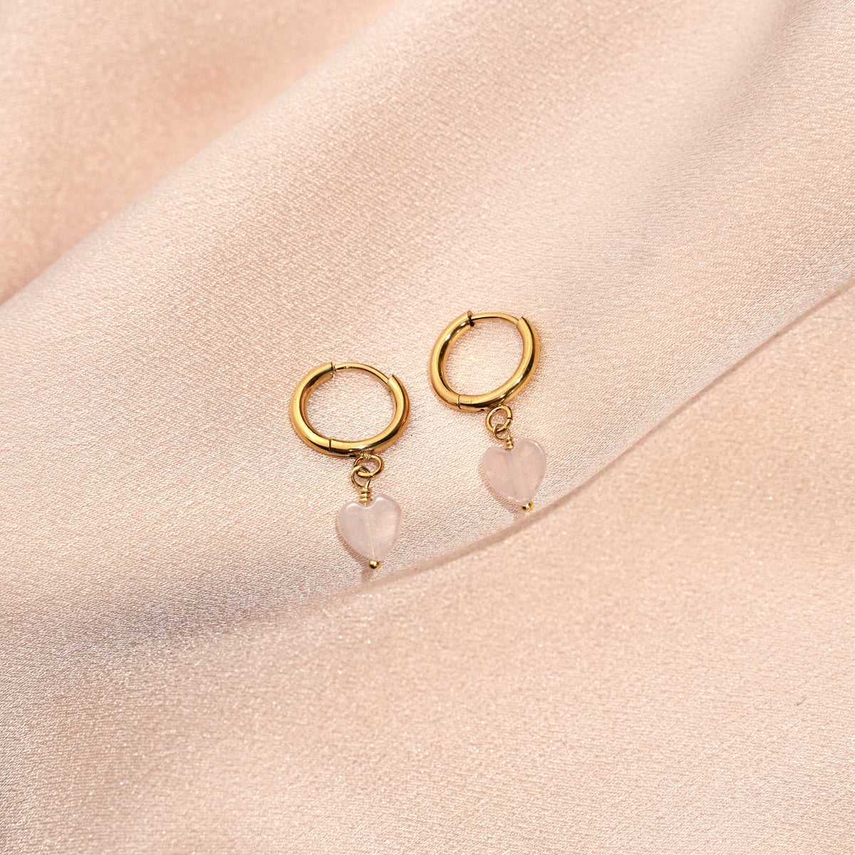 Pendientes Aro Corazón de Cuarzo Rosa | Acero Inoxidable Dorado