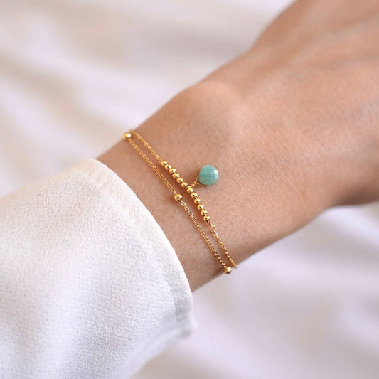 Pulsera dorada con piedras naturales de Cuarzo Rosa o Amazonita
