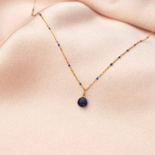 Collar de mujer con esmalte y piedra natural en lágrima – Ágata verde, Rubí o Lapislázuli