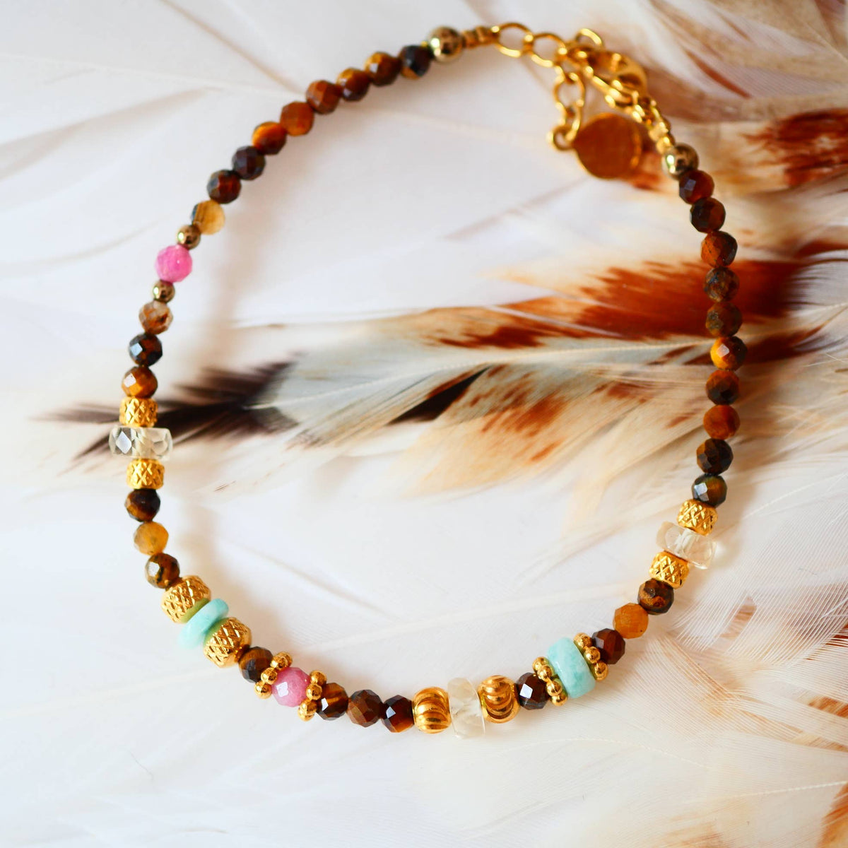 Pulsera SIMHA con ojo de tigre, citrino y turmalina rosa