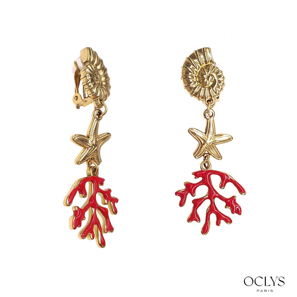 Pendientes de clip marinos de coral de acero inoxidable dorado
