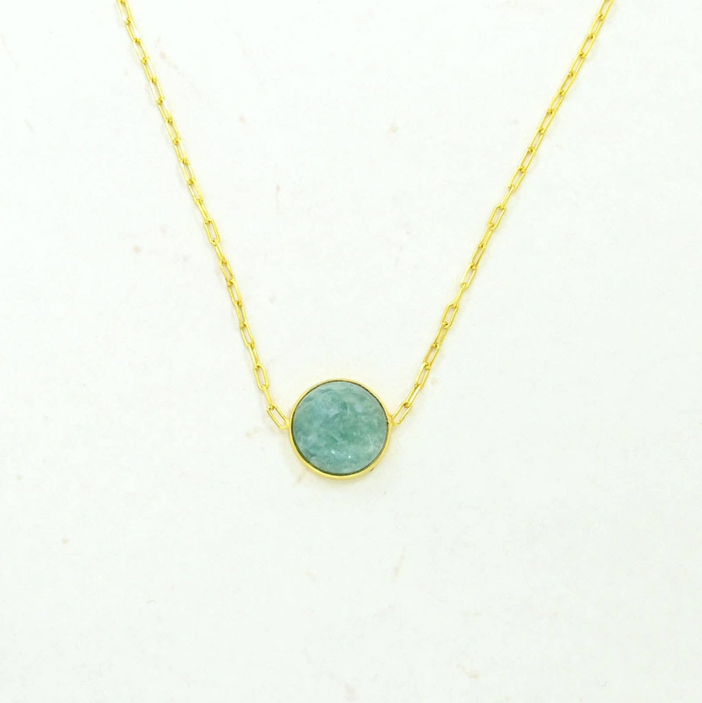 Collar de Piedra Preciosa Redonda en Plata de Ley 925 bañado en Oro - Amazonita