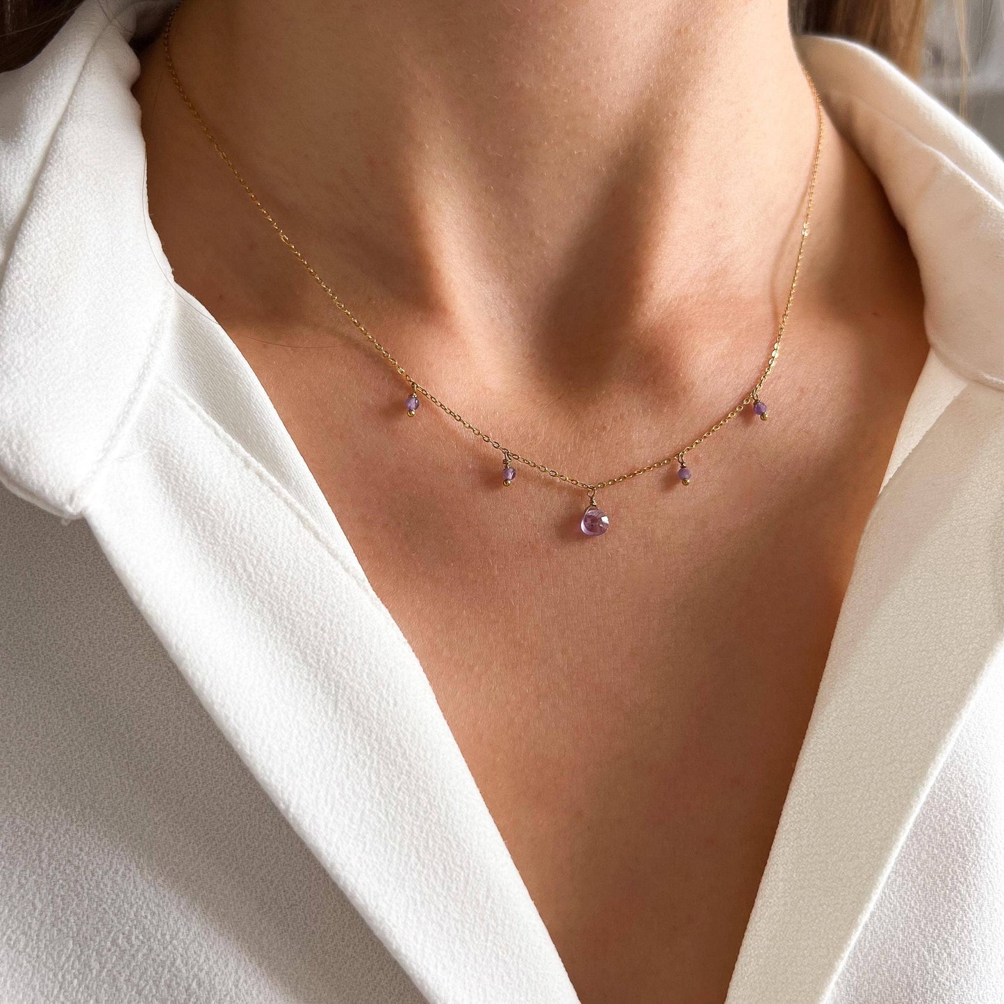 Collar de Amatista Natural para Mujer en Acero Inoxidable