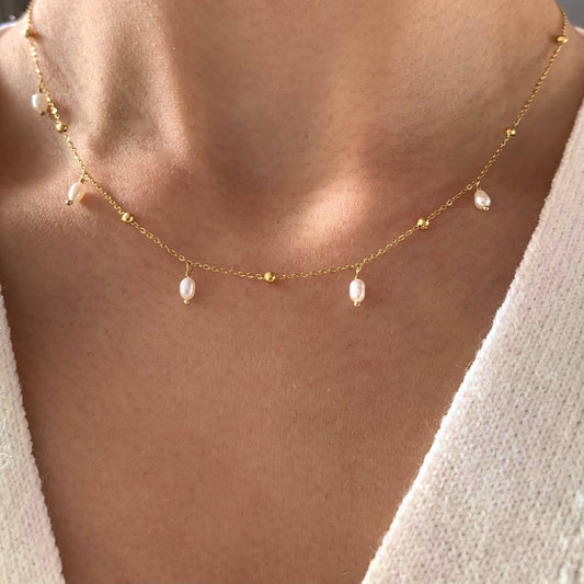 Collar de acero, cadena de bolas, perlas de agua dulce, nácar