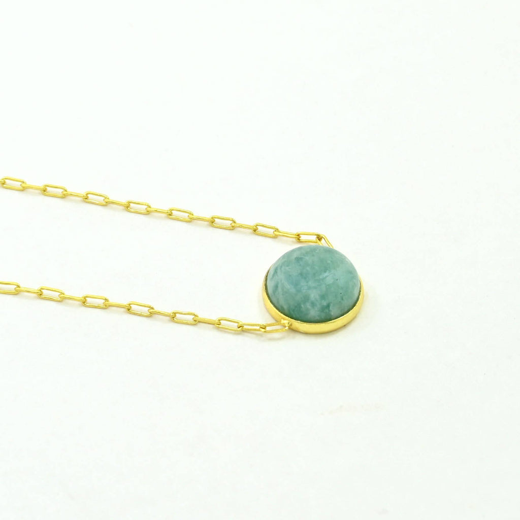 Collar de Piedra Preciosa Redonda en Plata de Ley 925 bañado en Oro - Amazonita