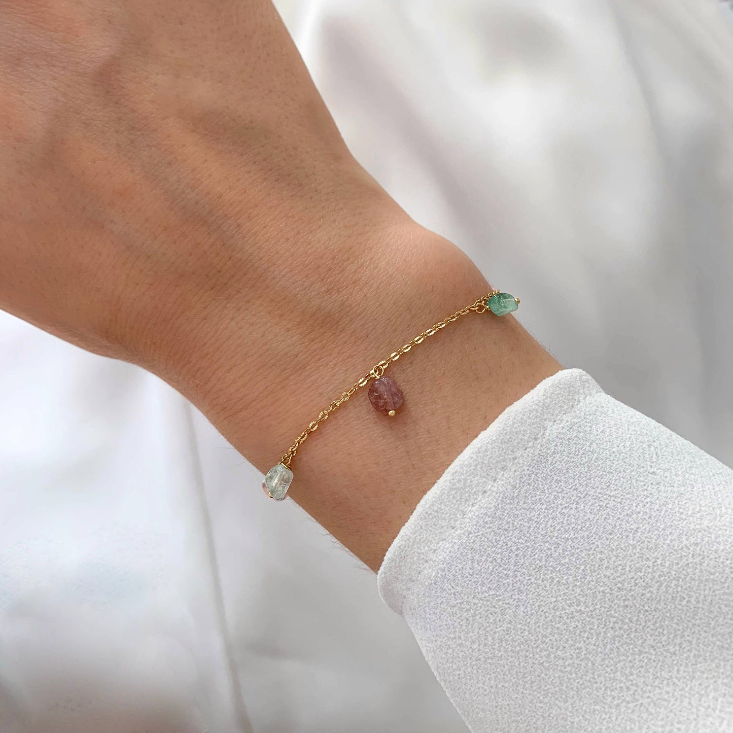 Pulsera fina piedra turmalina rosa y verde