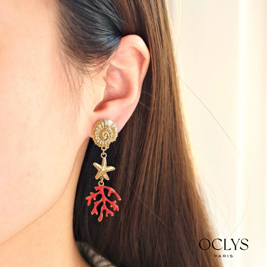 Pendientes de clip marinos de coral de acero inoxidable dorado