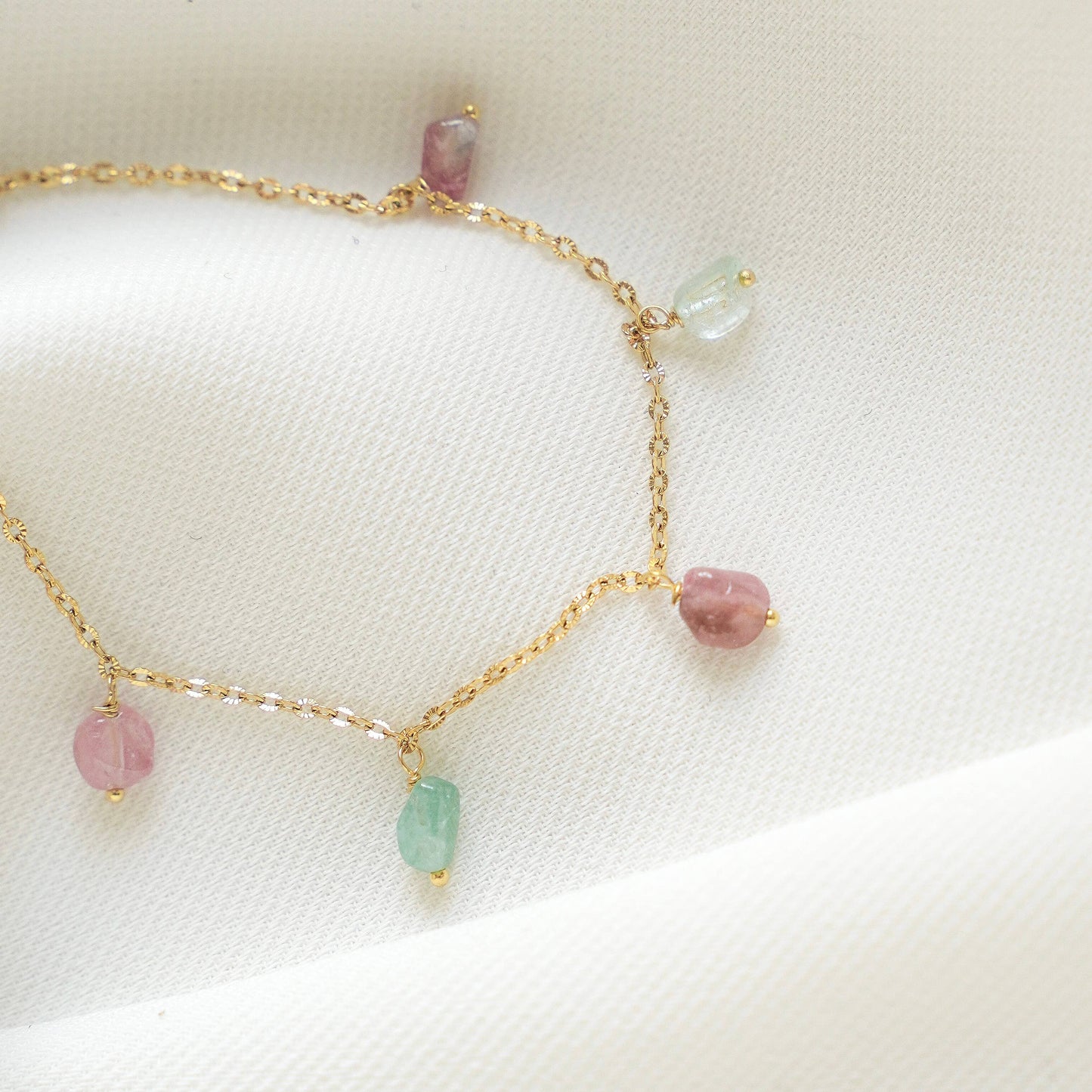 Pulsera fina piedra turmalina rosa y verde