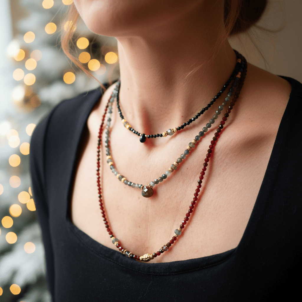 Collar Kala Raksha - Espinela Negra, Ónix, Labradorita