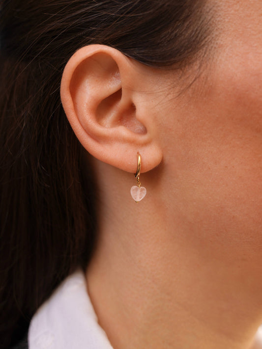 Pendientes Aro Corazón de Cuarzo Rosa | Acero Inoxidable Dorado