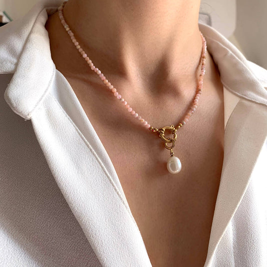 Collar de piedra natural Rodonita y perla de agua dulce