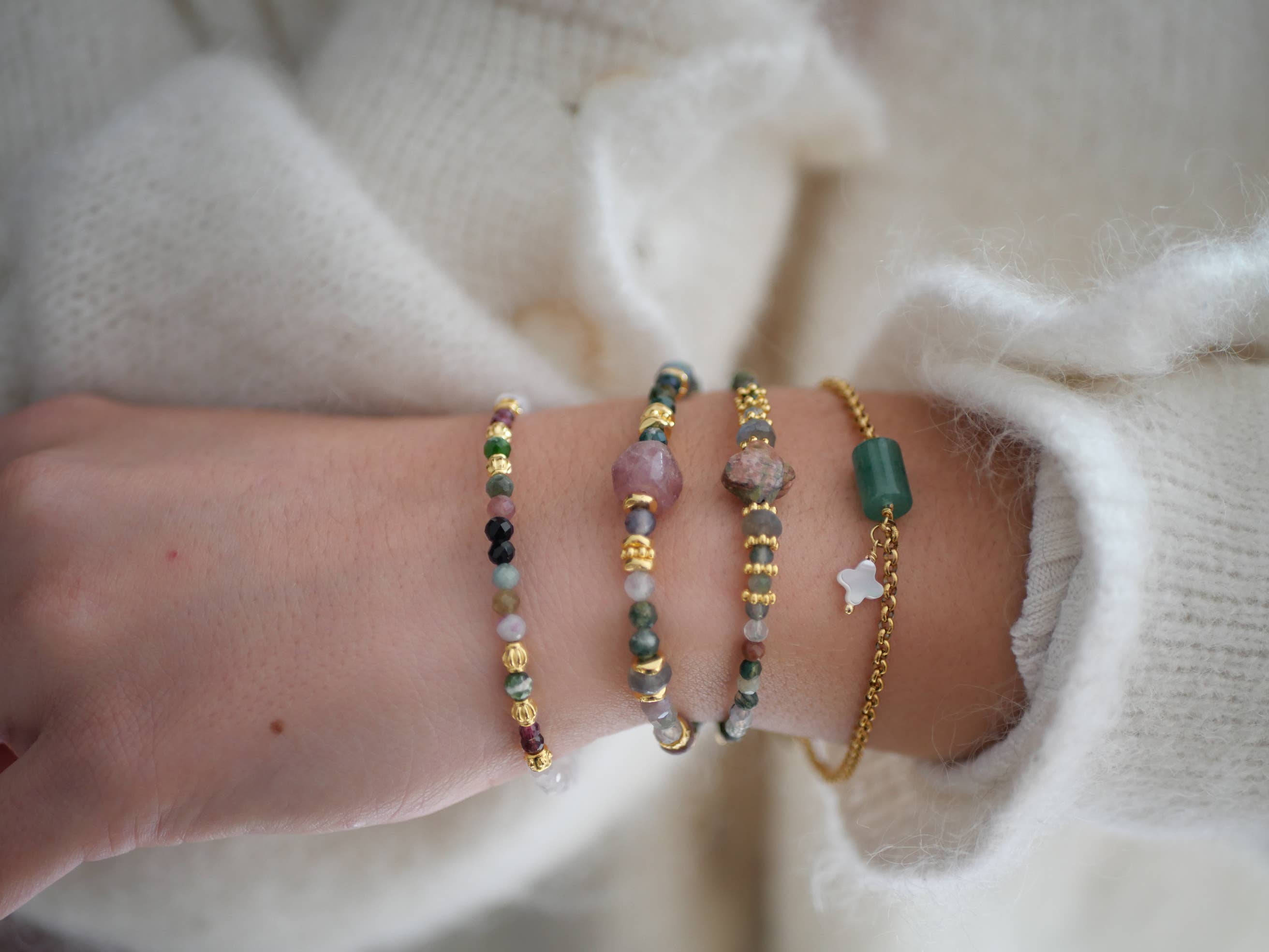 PULSERA VIDUSHI – UNAKITA, LABRADORITA Y ÁGATA INDIA