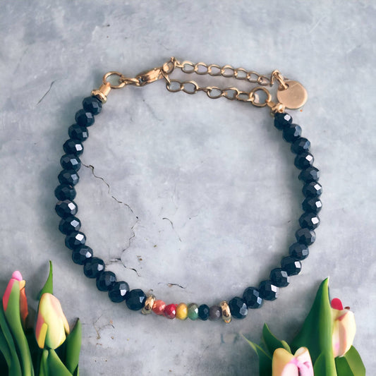 Pulsera de perlas azul medianoche y arcoíris, pulsera de piedras