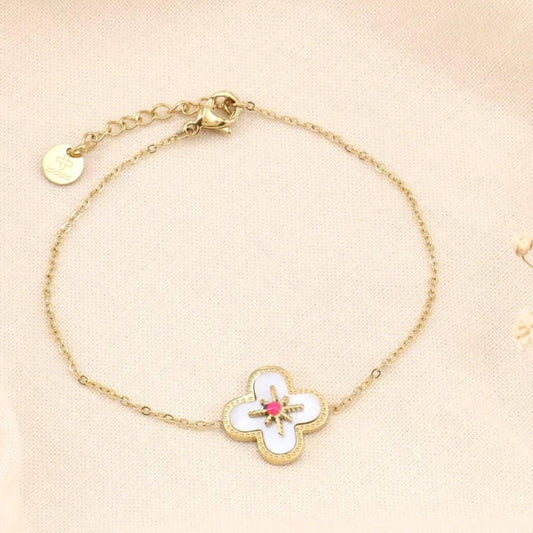 Pulsera de acero inoxidable con forma de trébol y estrella de nácar