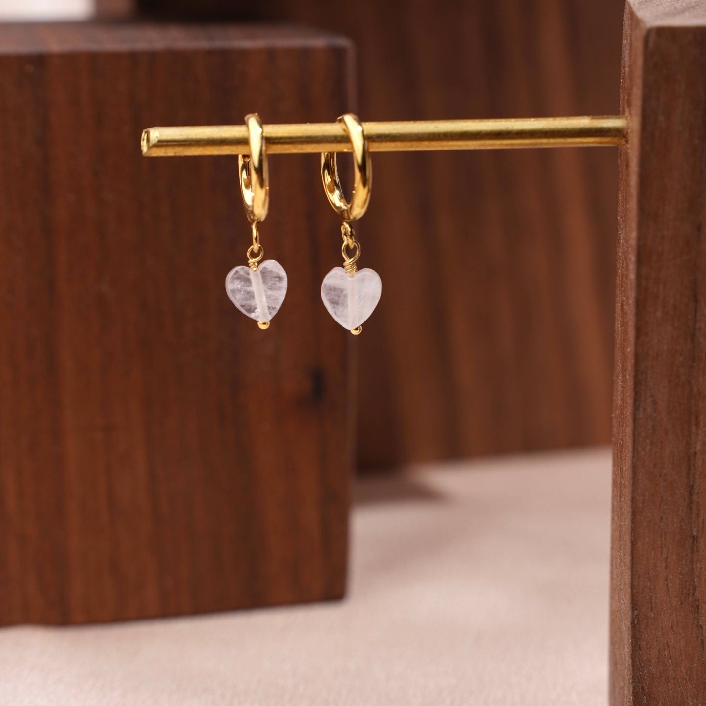 Pendientes Aro Corazón de Cuarzo Rosa | Acero Inoxidable Dorado