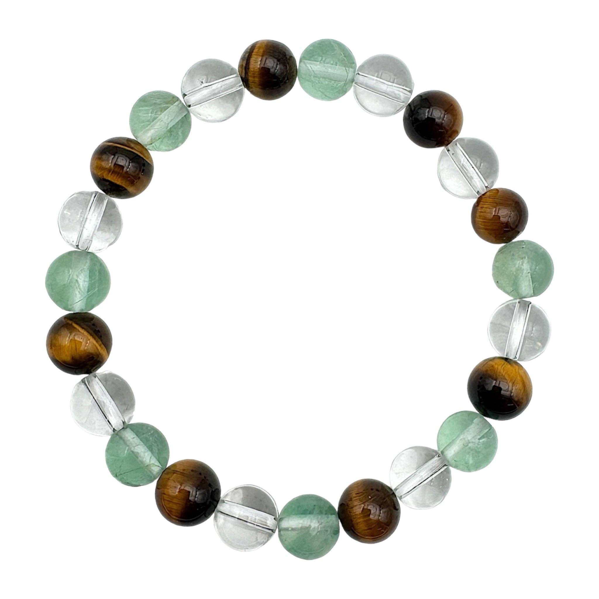 Pulsera de concentración y exámenes: ojo de tigre, fluorita y cristal de roca
