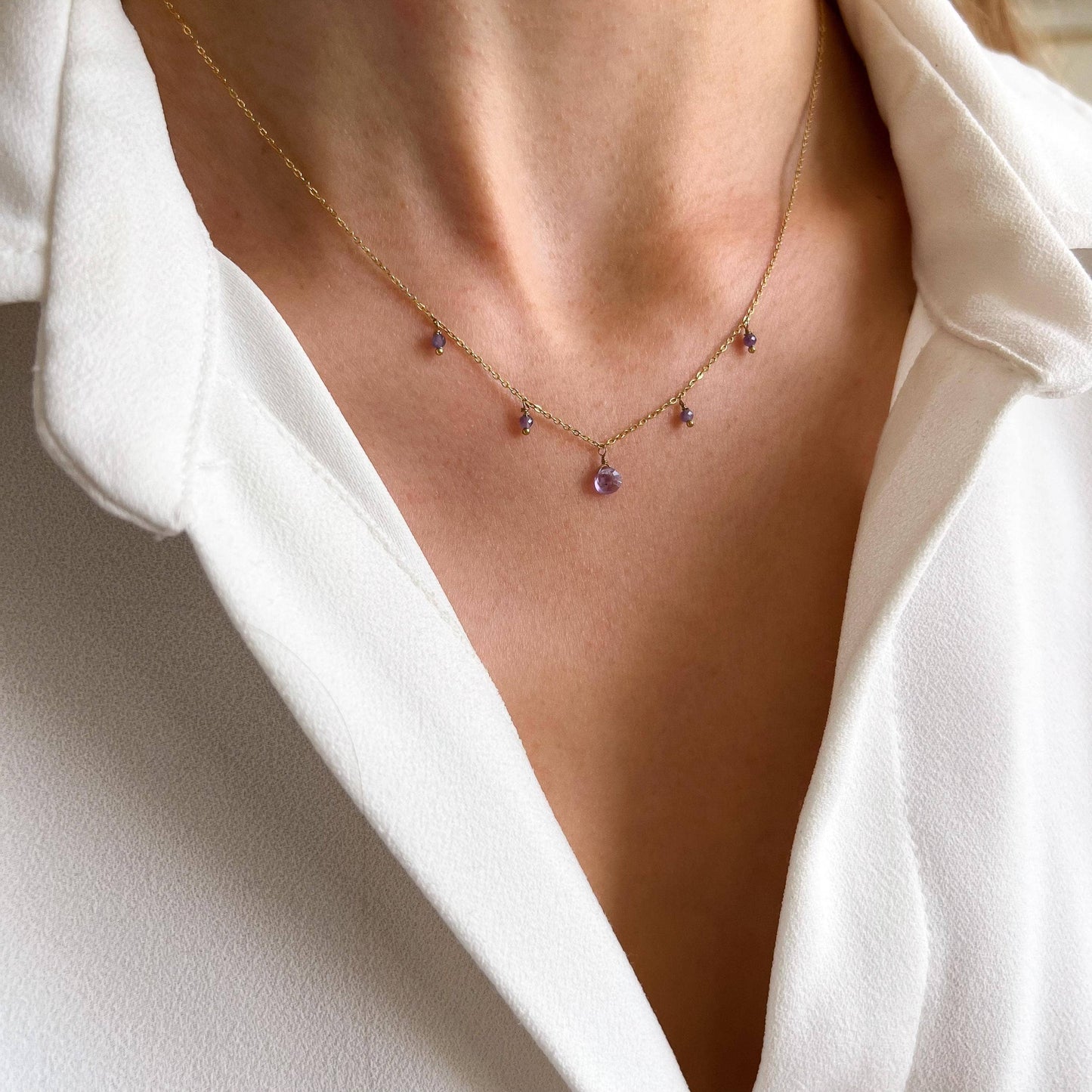 Collar de Amatista Natural para Mujer en Acero Inoxidable