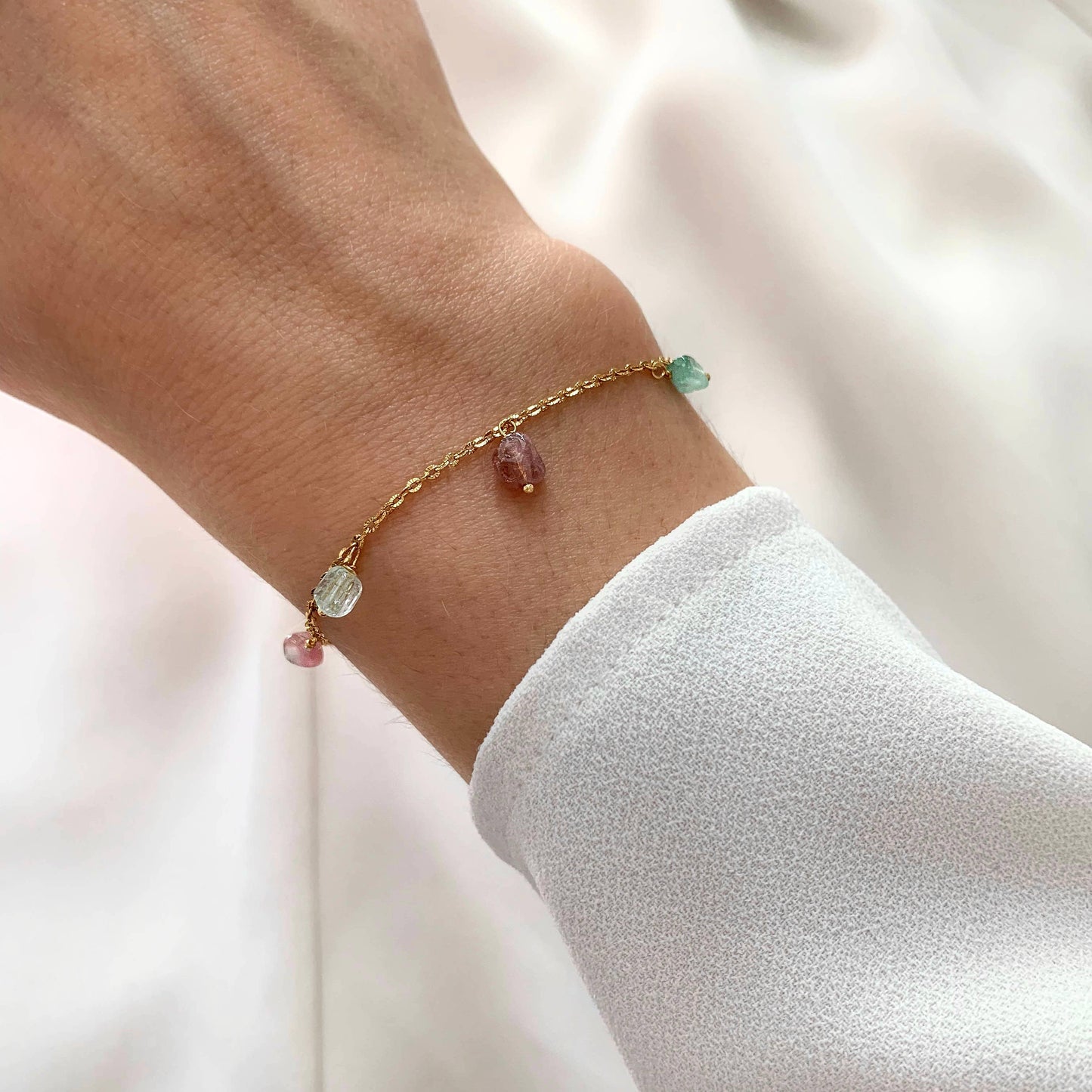 Pulsera fina piedra turmalina rosa y verde