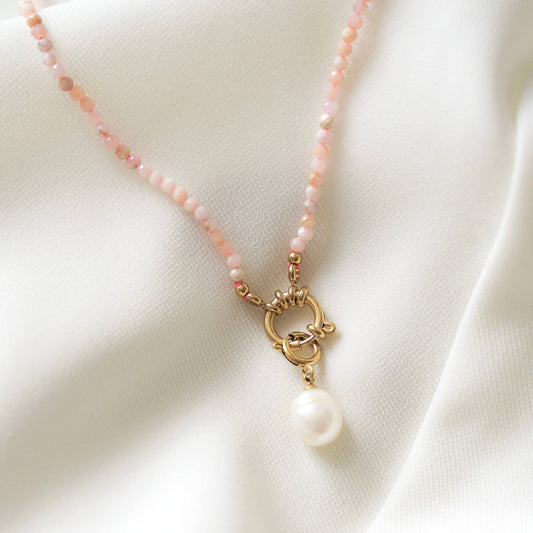 Collar de Rodonita y Perla de Agua Dulce – Piedra Natural