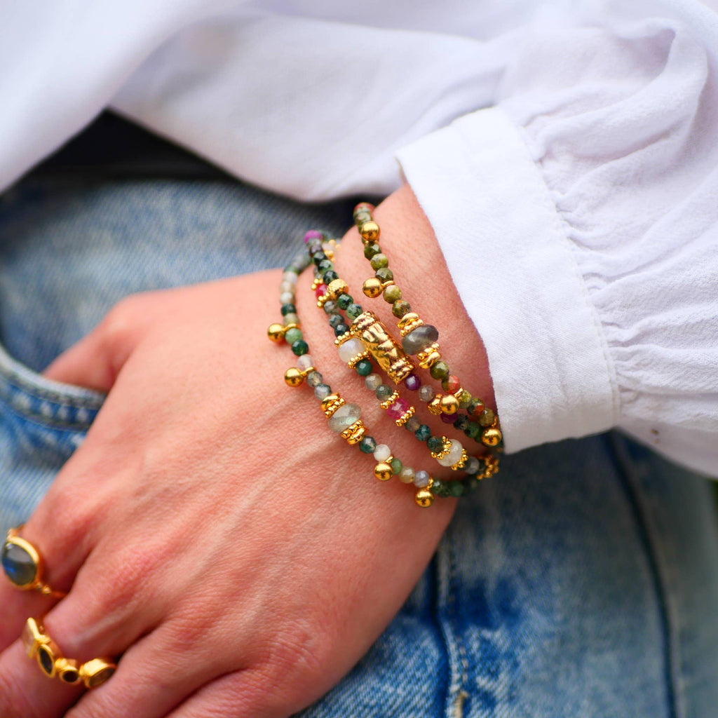 PULSERA MEDINI, ÁGATA MUSGOSA, TOPACIO ROSA, PIEDRA LUNAR