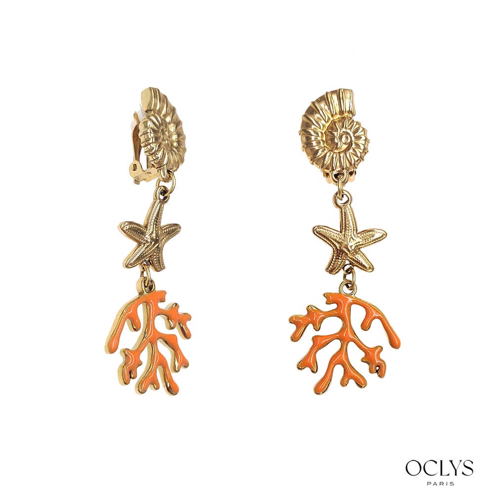 Pendientes de clip marinos de coral de acero inoxidable dorado