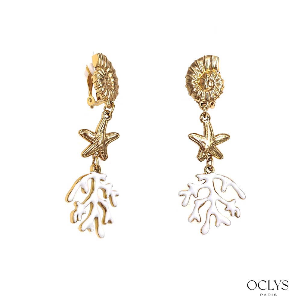 Pendientes de clip marinos de coral de acero inoxidable dorado