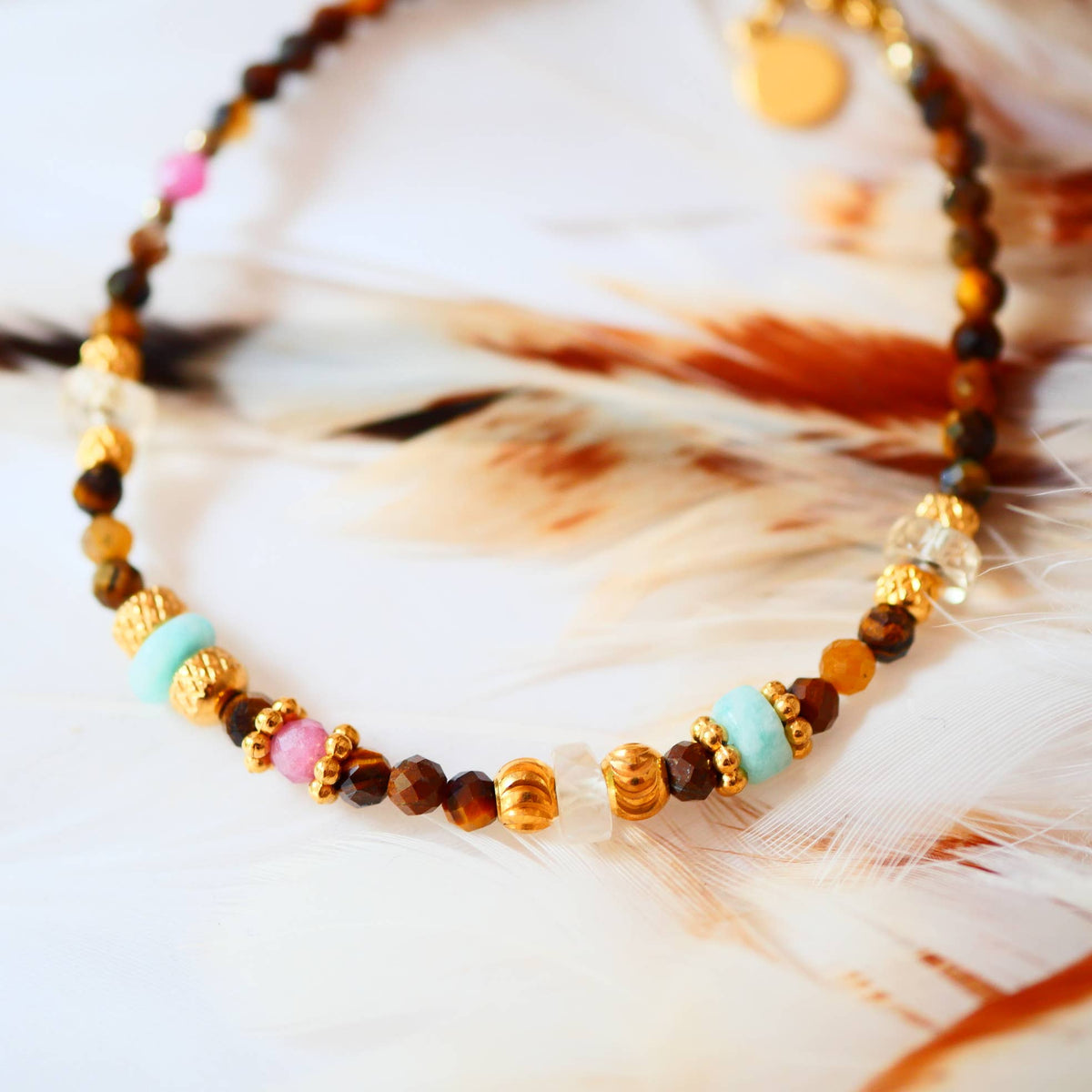 Pulsera SIMHA con ojo de tigre, citrino y turmalina rosa