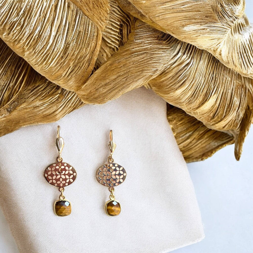 Pendientes «CHANTAL» en oro fino dorado Ojo de tigre