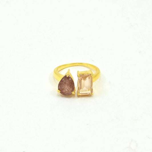 Anillo Harriet de plata bañado en oro - Morganita y Cuarzo Fresa.