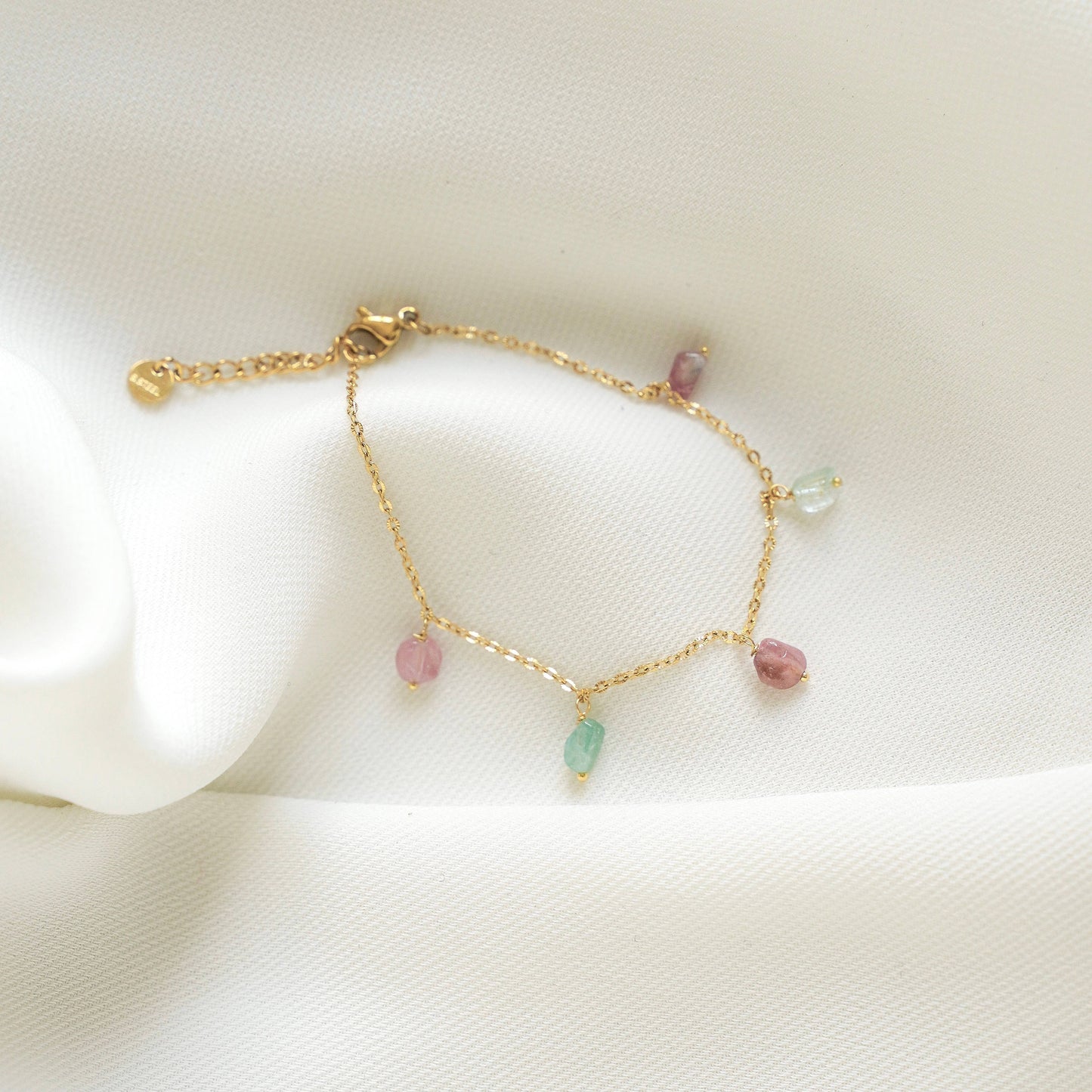 Pulsera fina piedra turmalina rosa y verde