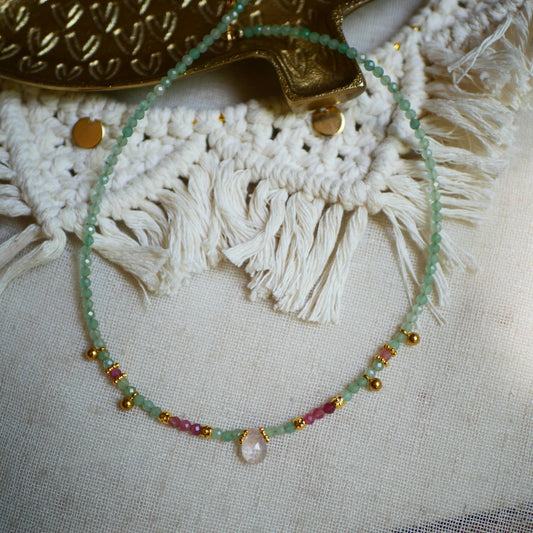 COLLAR VICAR DE AVENTURINA, TOPACIO ROSA Y CUARZO ROSA