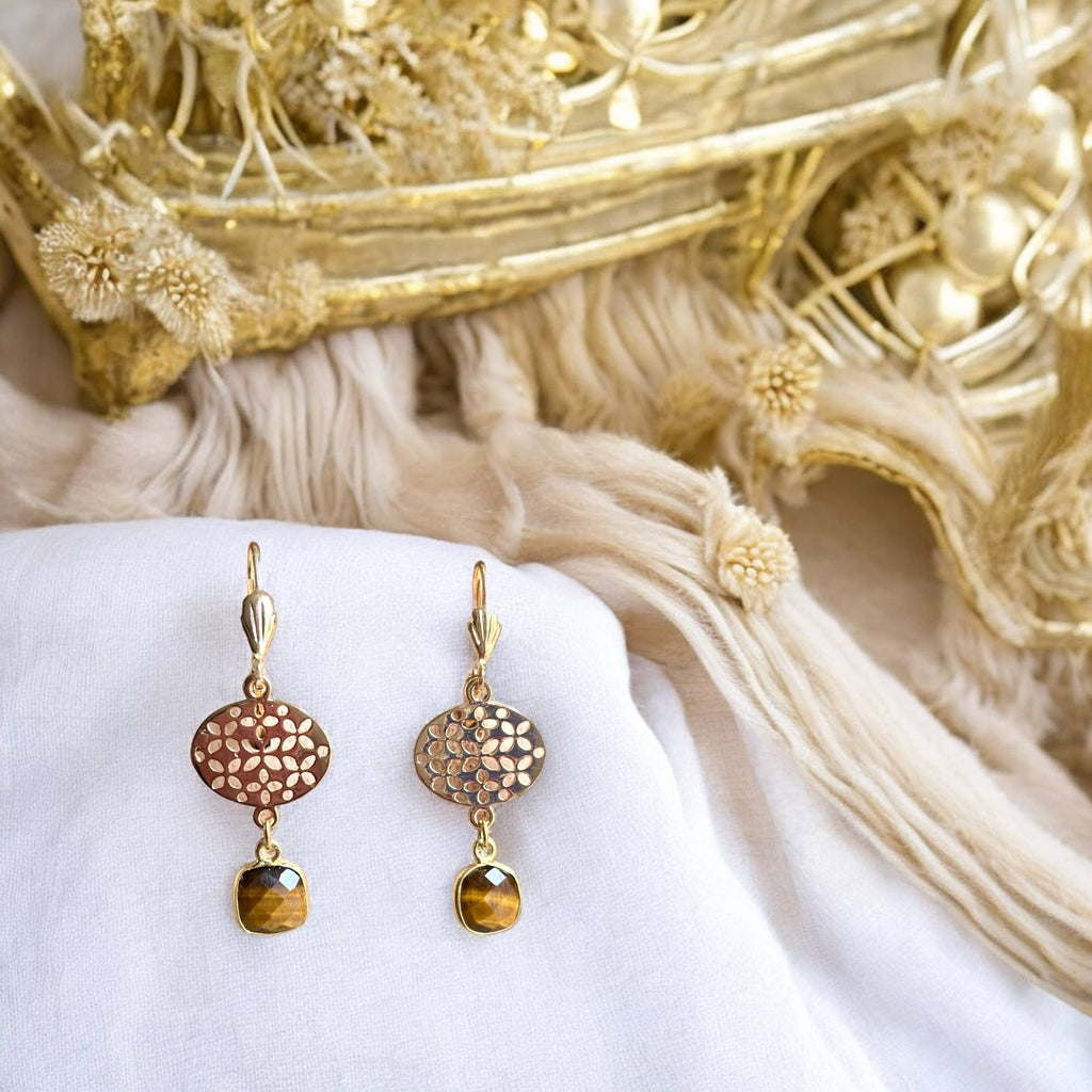 Pendientes «CHANTAL» en oro fino dorado Ojo de tigre