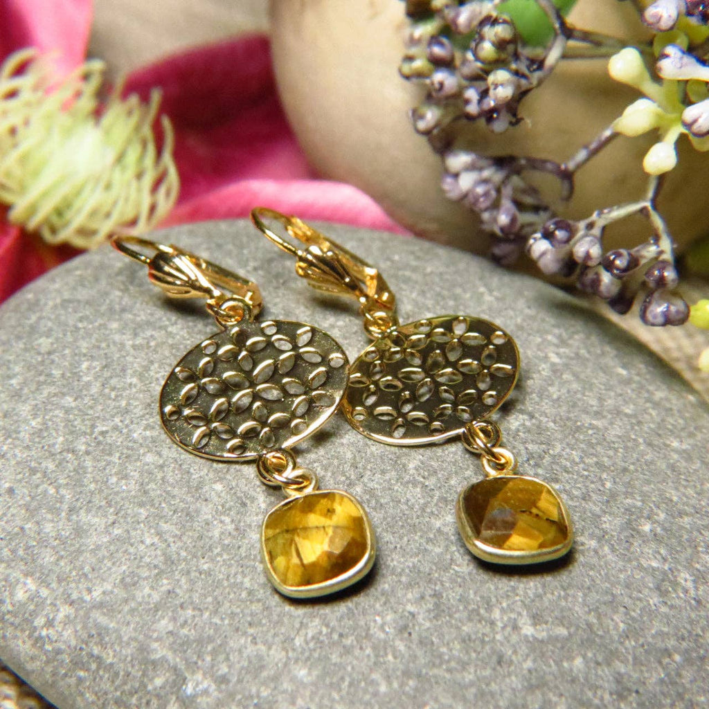 Pendientes «CHANTAL» en oro fino dorado Ojo de tigre