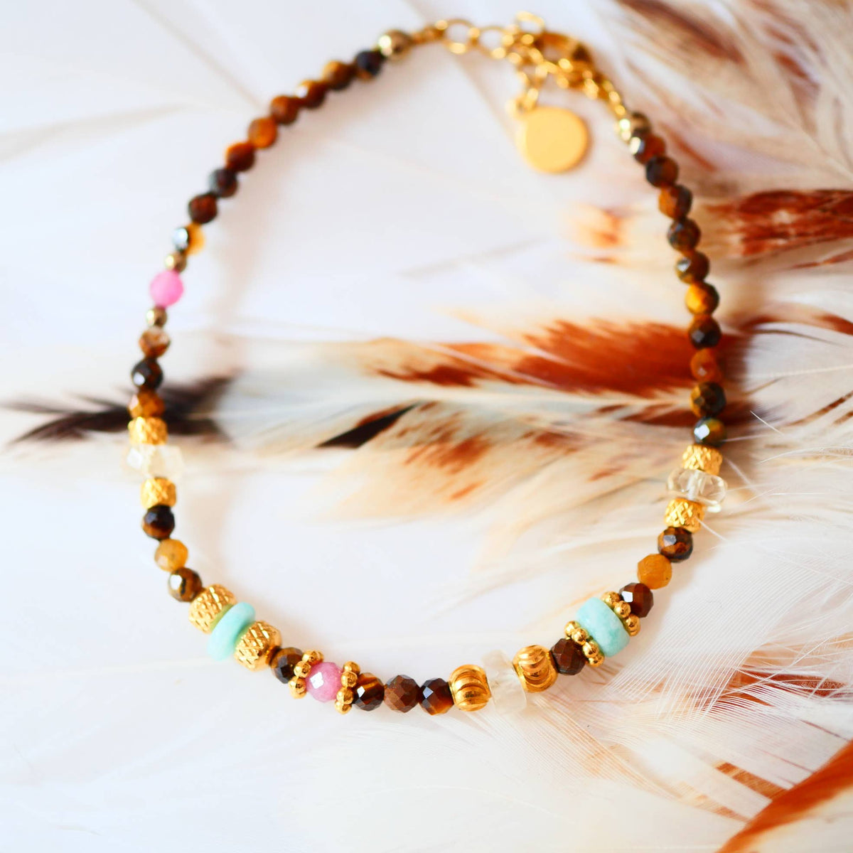 Pulsera SIMHA con ojo de tigre, citrino y turmalina rosa