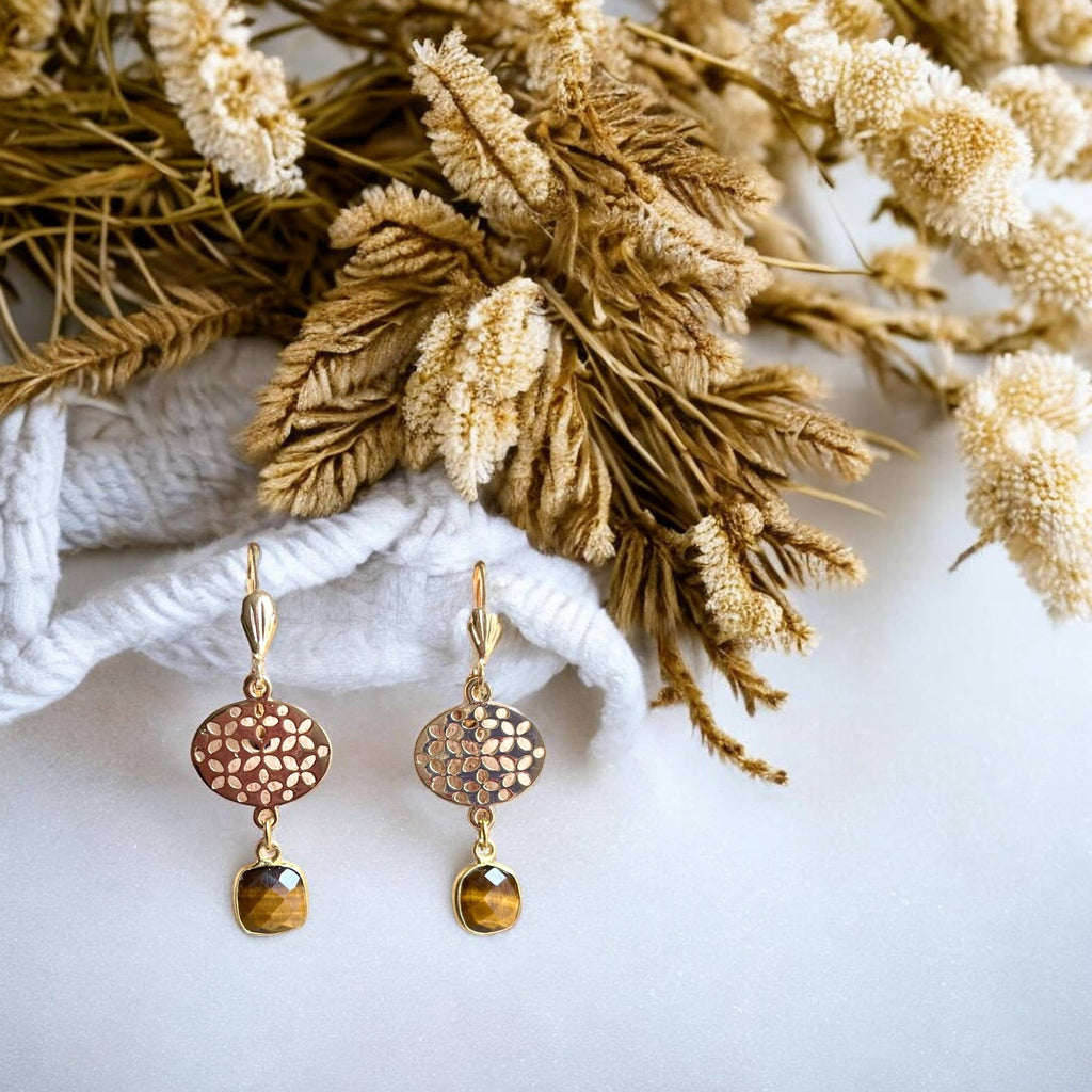 Pendientes «CHANTAL» en oro fino dorado Ojo de tigre