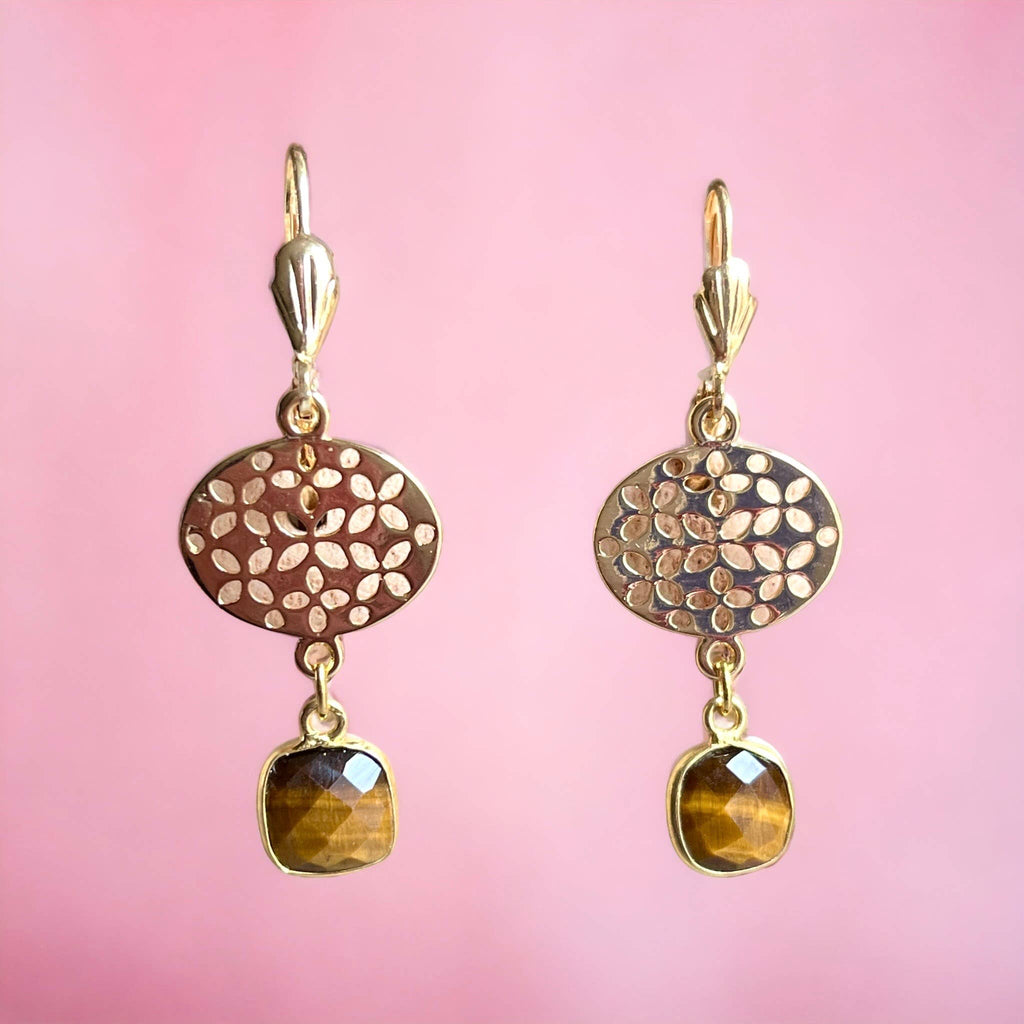 Pendientes «CHANTAL» en oro fino dorado Ojo de tigre