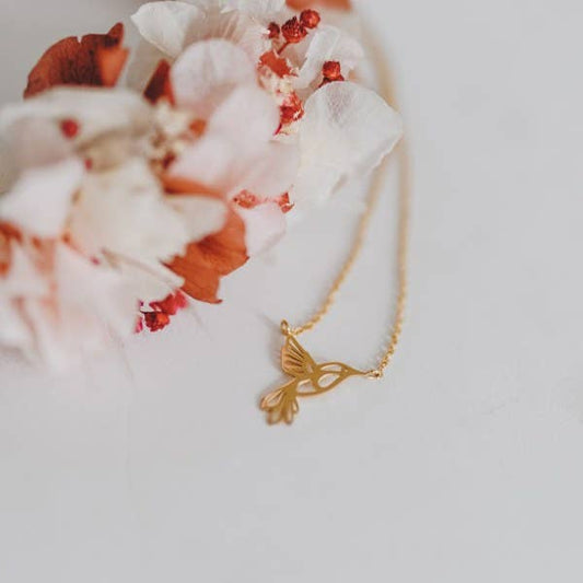 Collar de origami con forma de colibrí de acero inoxidable