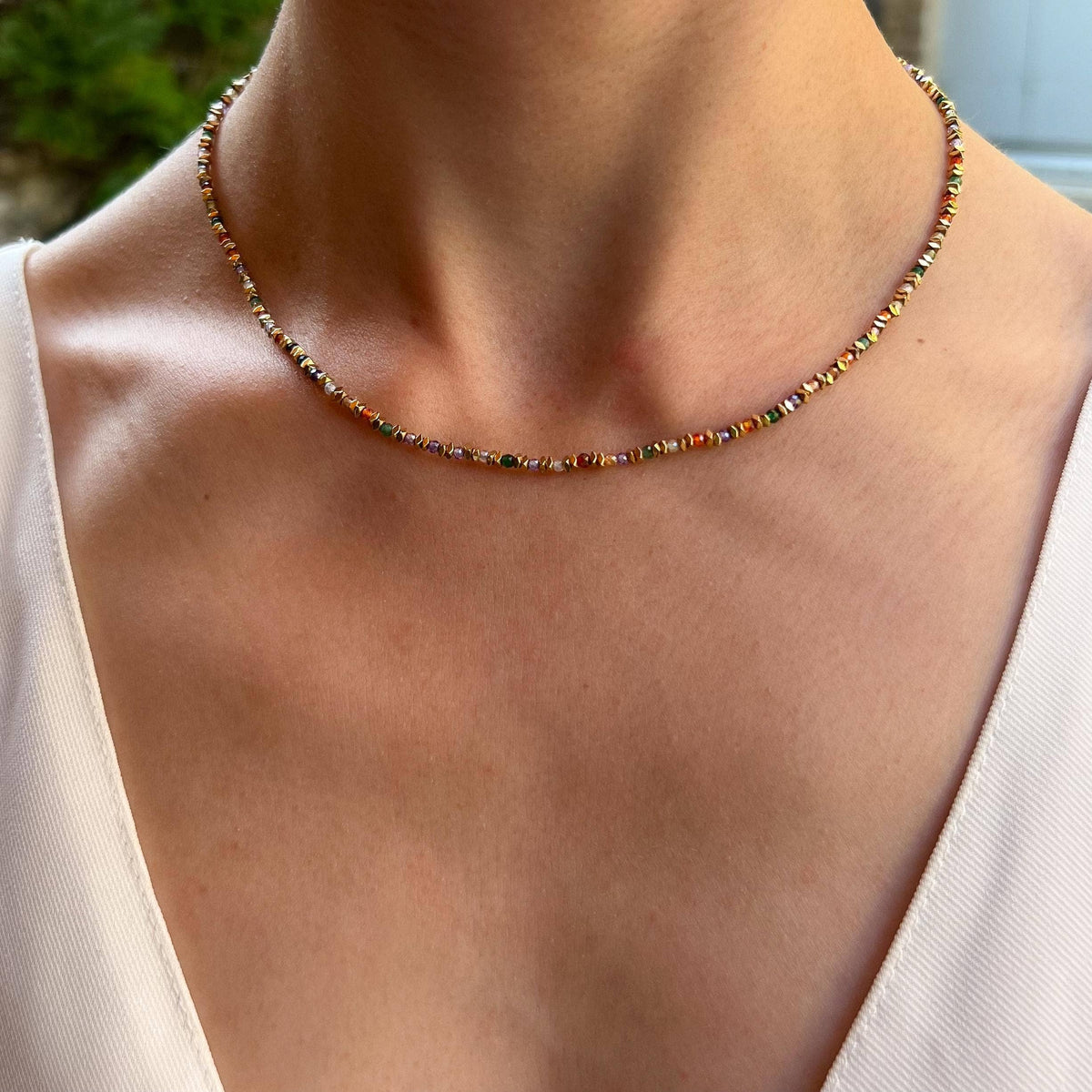 Collar de Ágata Multicolor y Circonitas en Acero Inoxidable