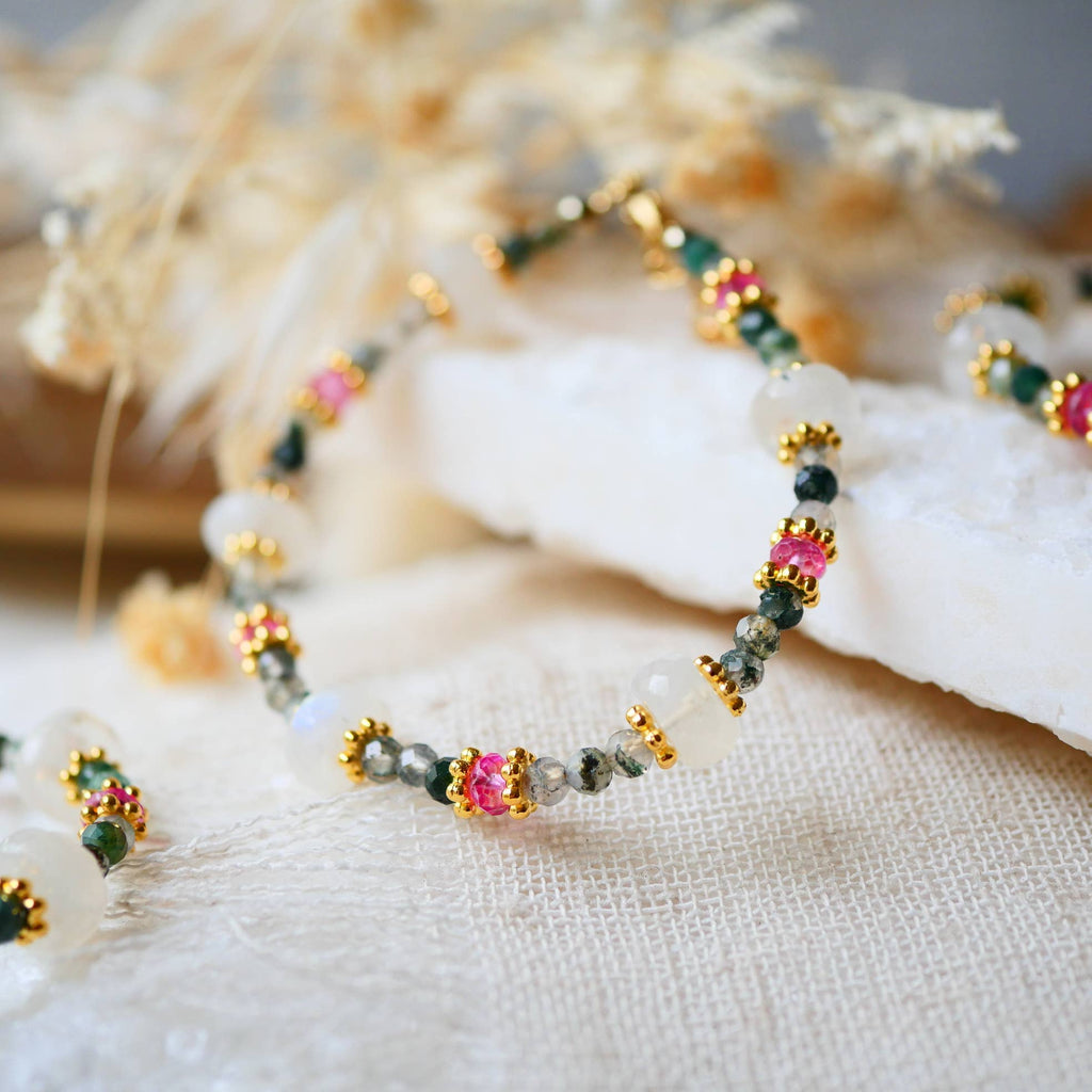 PULSERA MEDINI, ÁGATA MUSGOSA, TOPACIO ROSA, PIEDRA LUNAR