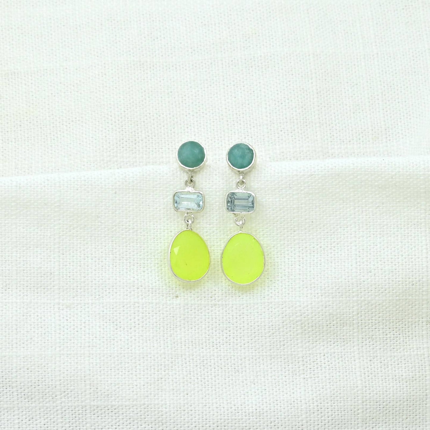 Pendientes Zoe de plata 925, topacio azul, amazonita y jade verde