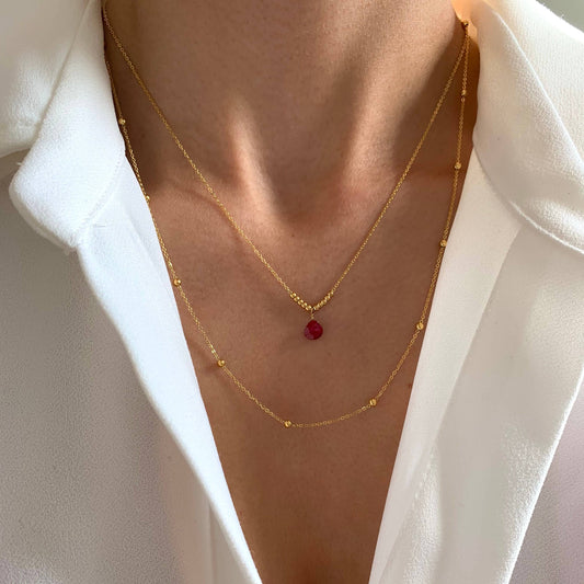 Collar fino de piedra natural cuarzo rosa o rubí de doble hilera