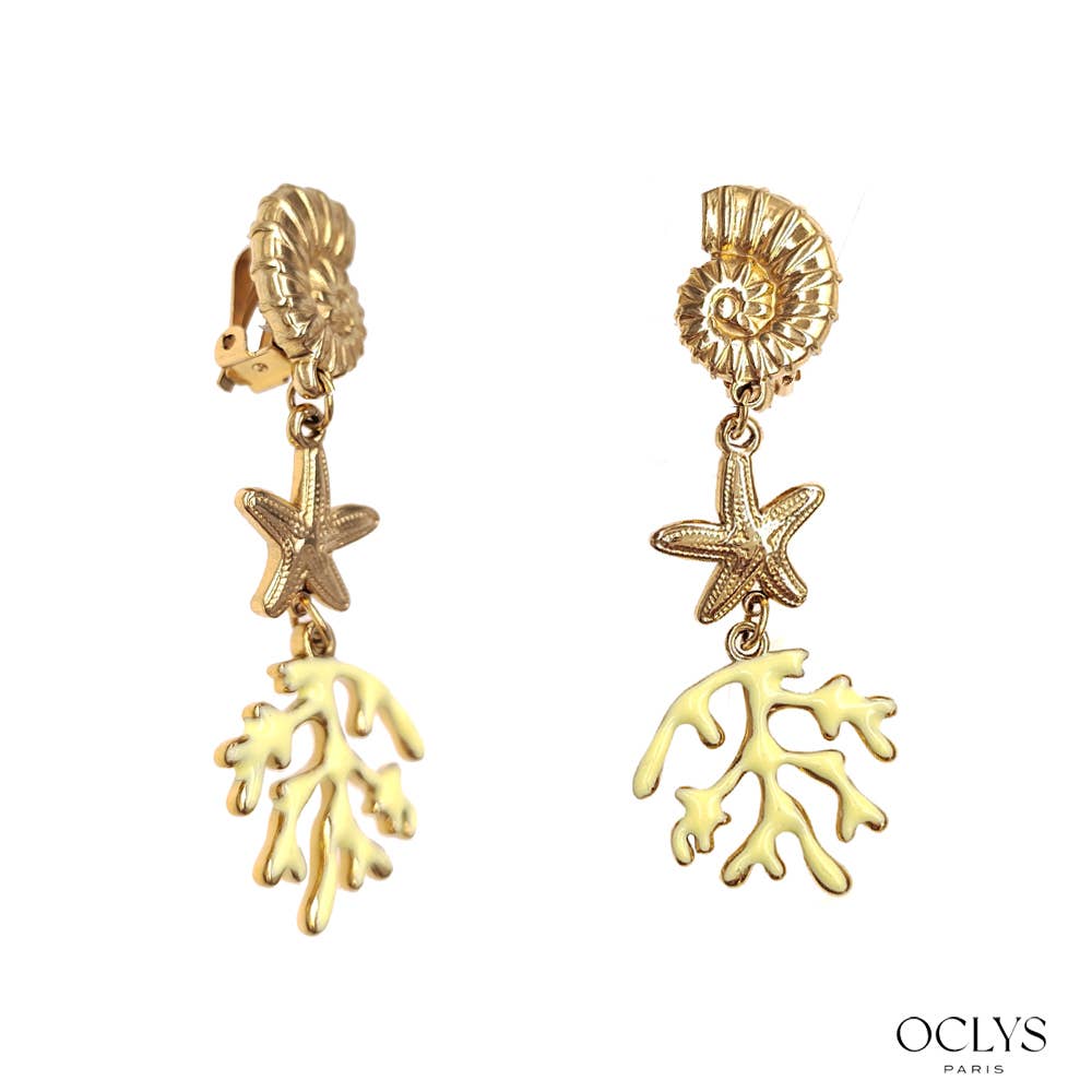 Pendientes de clip marinos de coral de acero inoxidable dorado